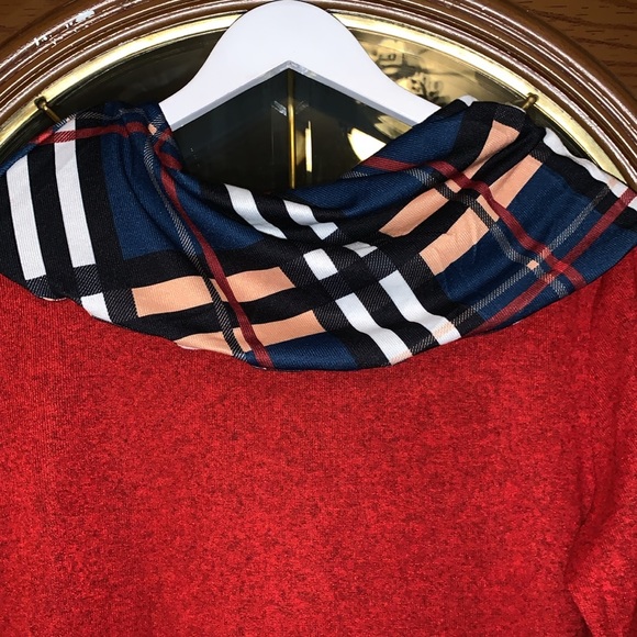 Alaster Queen Brushed Red & Plaid Contrast Cowl Neck Elbow Patch Sweater Dress - Picture 15 of 16